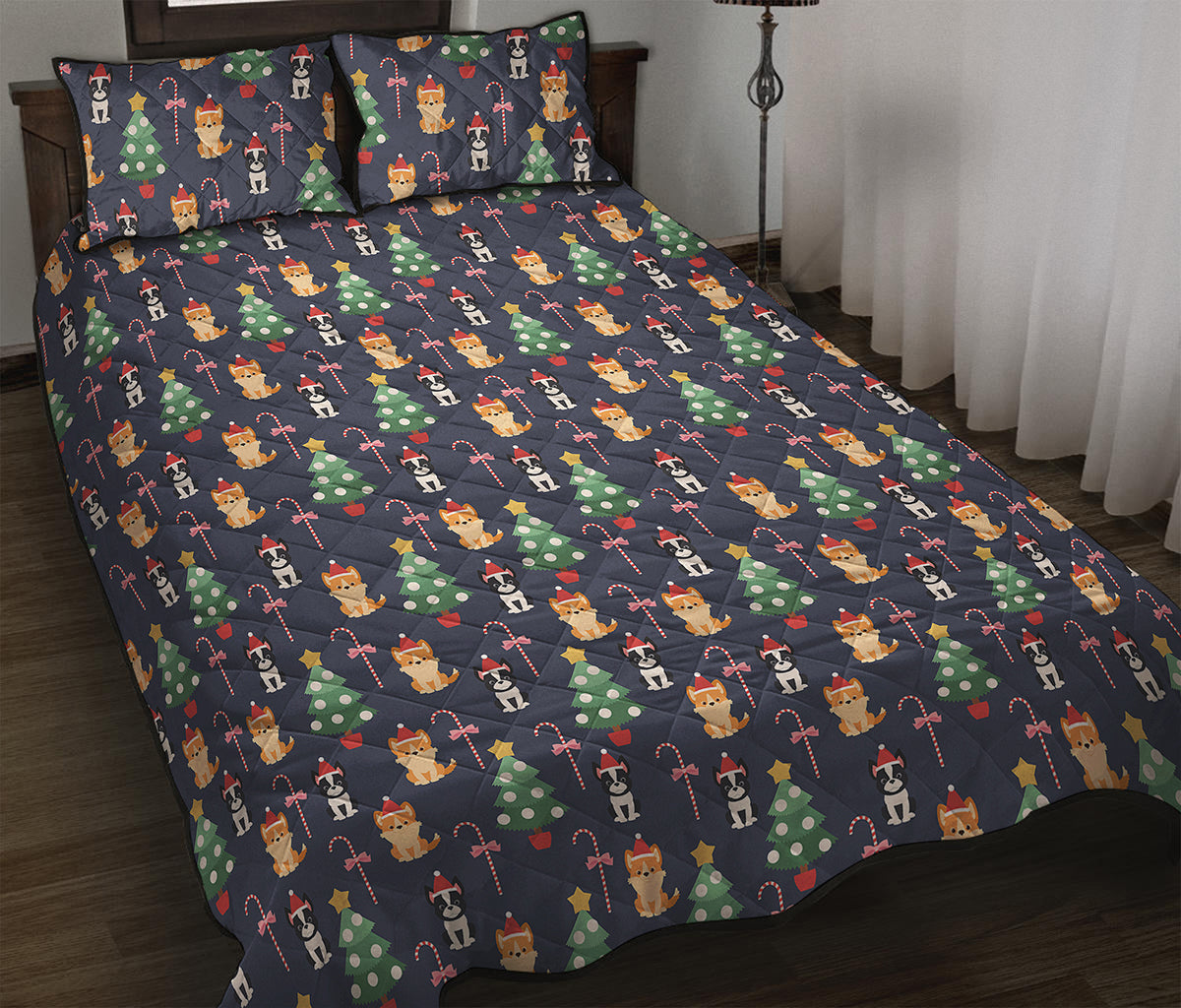Christmas Boston Terrier And Corgi Print Quilt Bed Set