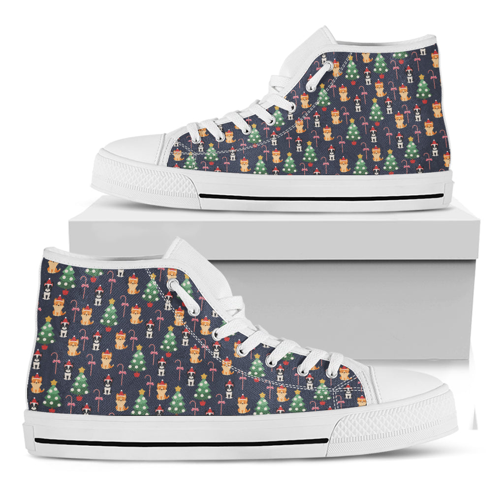 Christmas Boston Terrier And Corgi Print White High Top Shoes