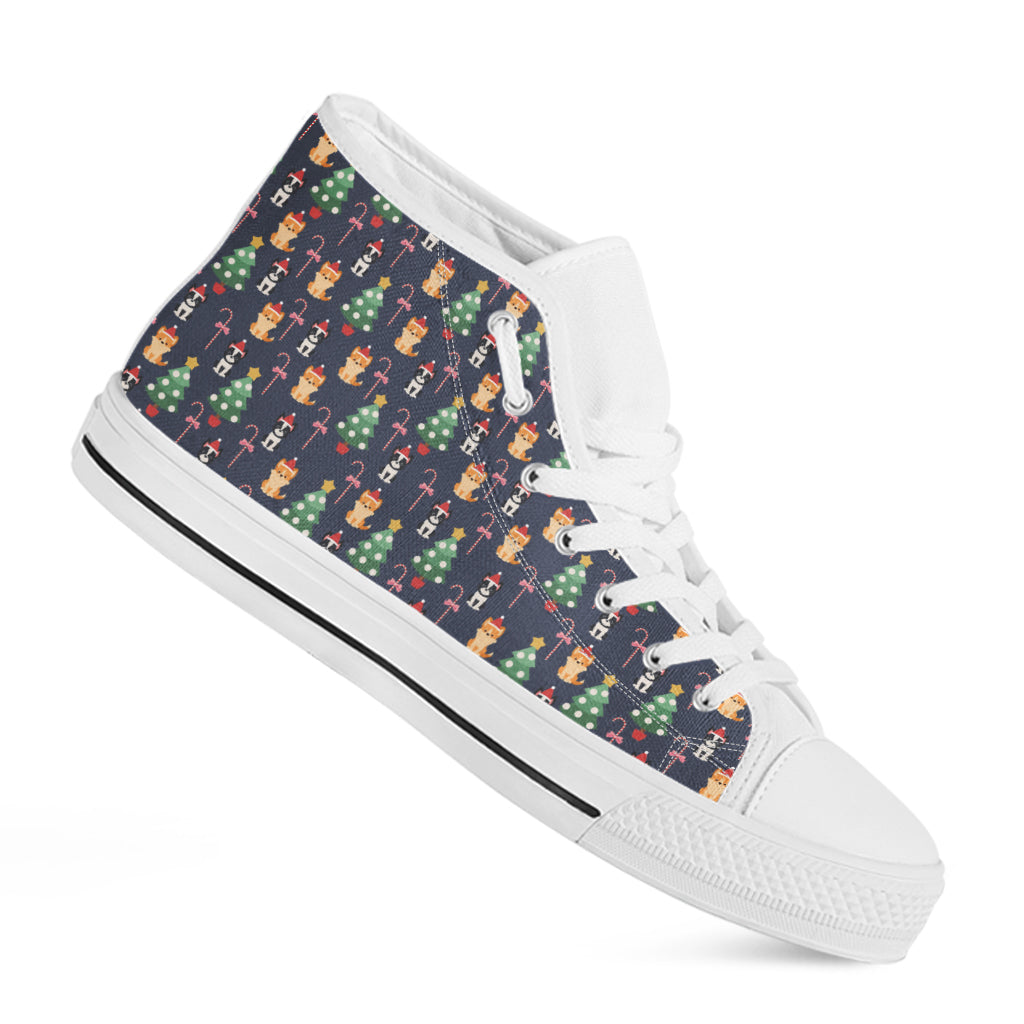 Christmas Boston Terrier And Corgi Print White High Top Shoes