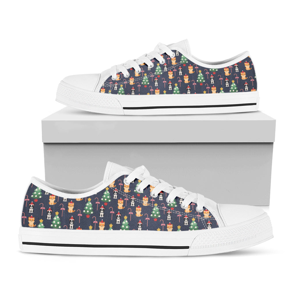 Christmas Boston Terrier And Corgi Print White Low Top Shoes