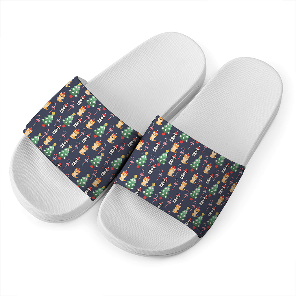 Christmas Boston Terrier And Corgi Print White Slide Sandals