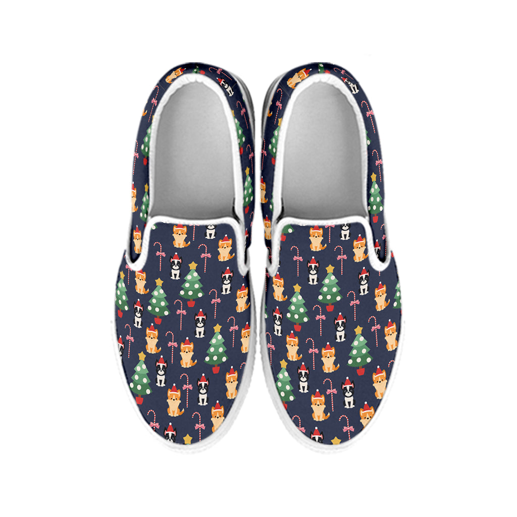 Christmas Boston Terrier And Corgi Print White Slip On Shoes