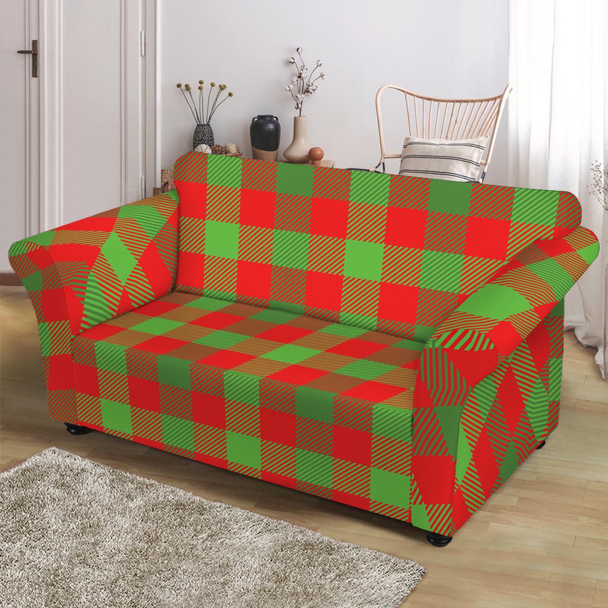 Christmas Buffalo Plaid Print Loveseat Slipcover