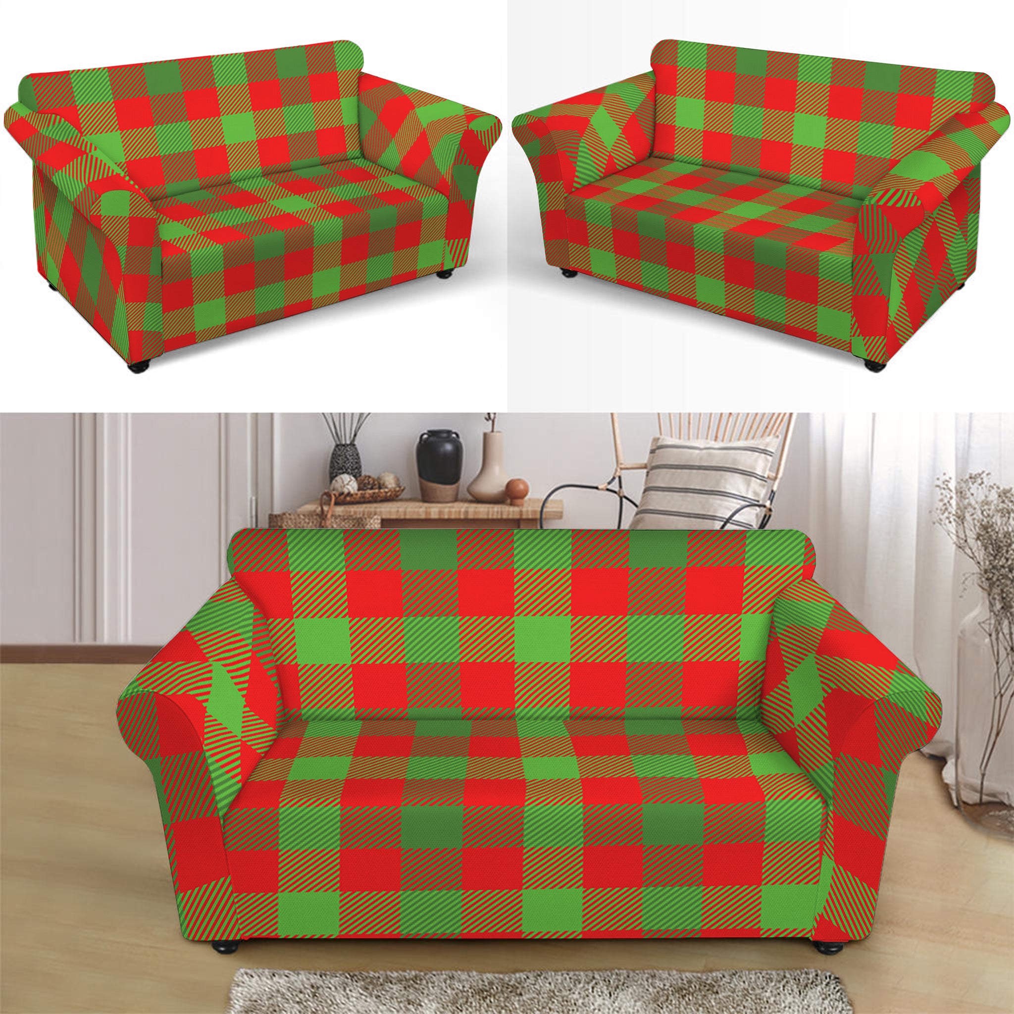 Christmas Buffalo Plaid Print Loveseat Slipcover