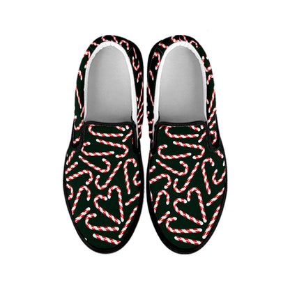 Christmas Candy Cane Pattern Print Black Slip On Shoes