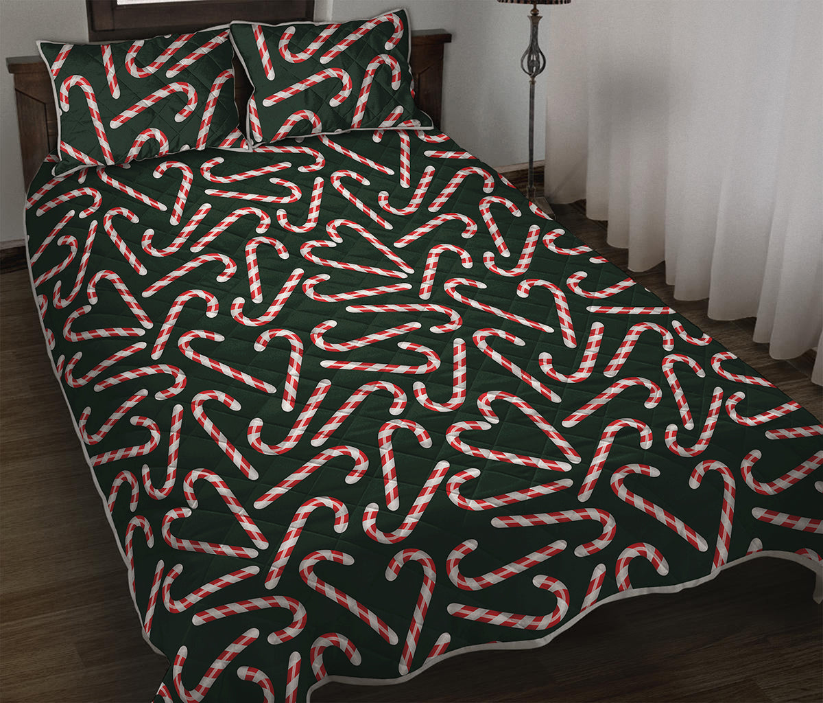 Christmas Candy Cane Pattern Print Quilt Bed Set