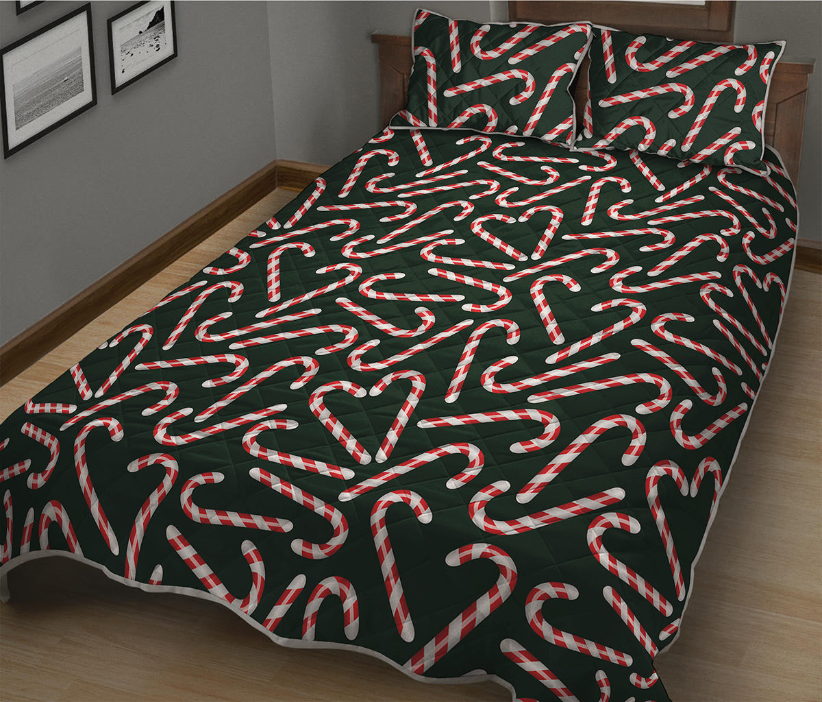 Christmas Candy Cane Pattern Print Quilt Bed Set
