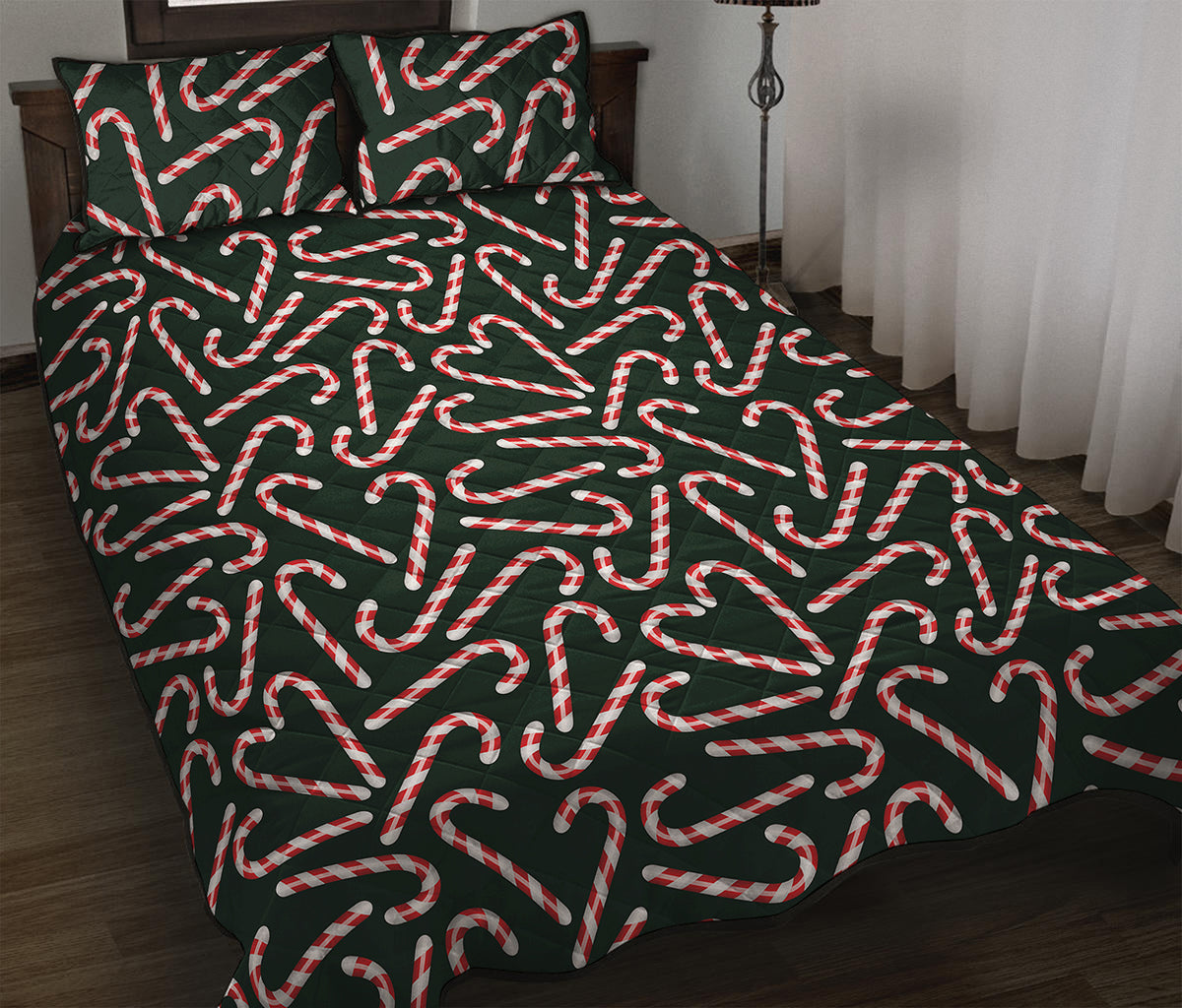 Christmas Candy Cane Pattern Print Quilt Bed Set
