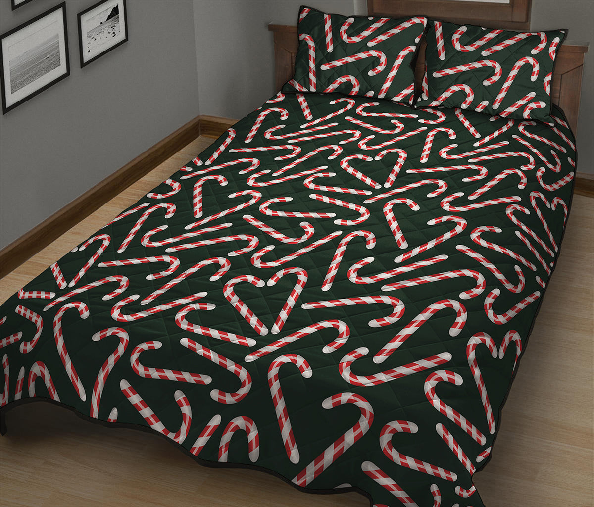 Christmas Candy Cane Pattern Print Quilt Bed Set