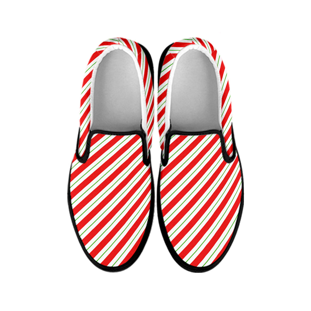 Christmas Candy Cane Stripe Print Black Slip On Shoes