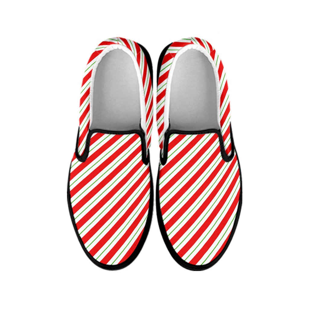Christmas Candy Cane Stripe Print Black Slip On Shoes