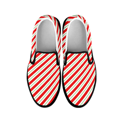 Christmas Candy Cane Stripe Print Black Slip On Shoes