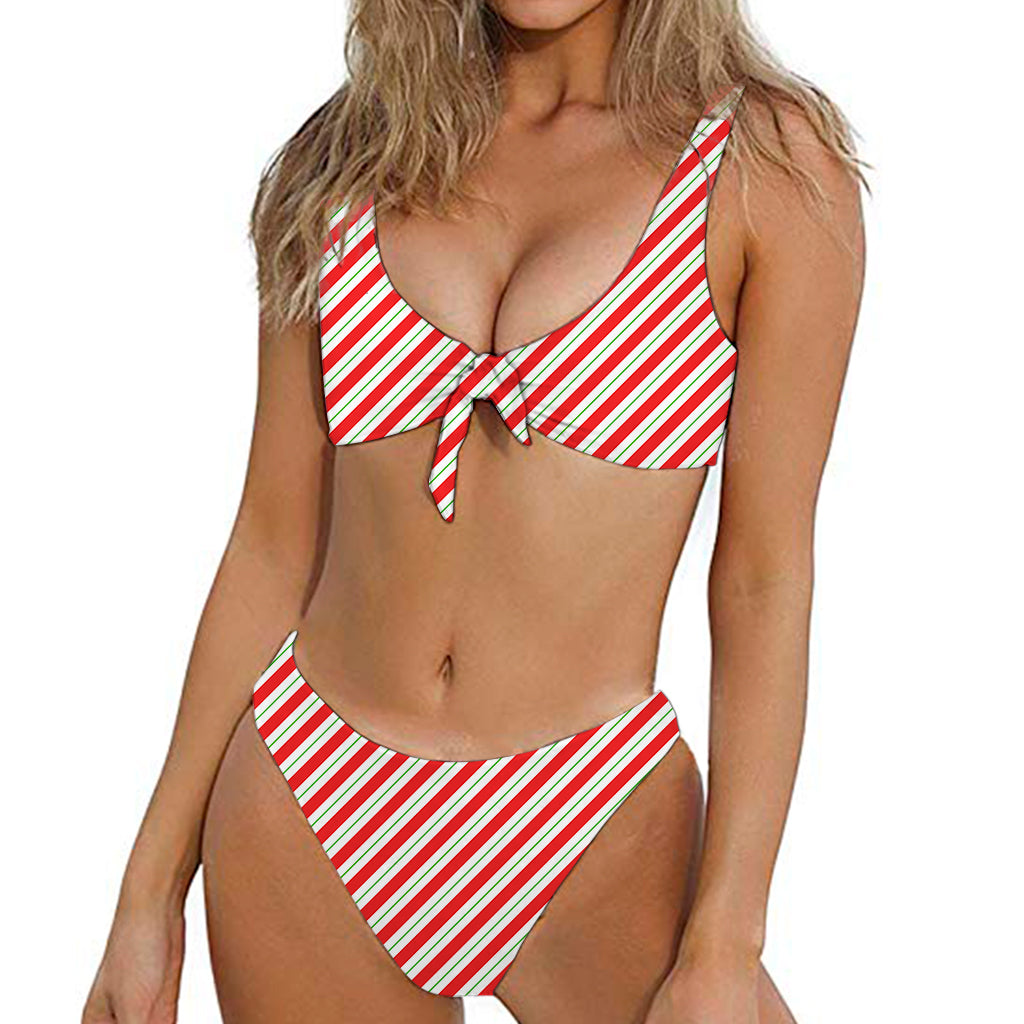 Christmas Candy Cane Stripe Print Front Bow Tie Bikini