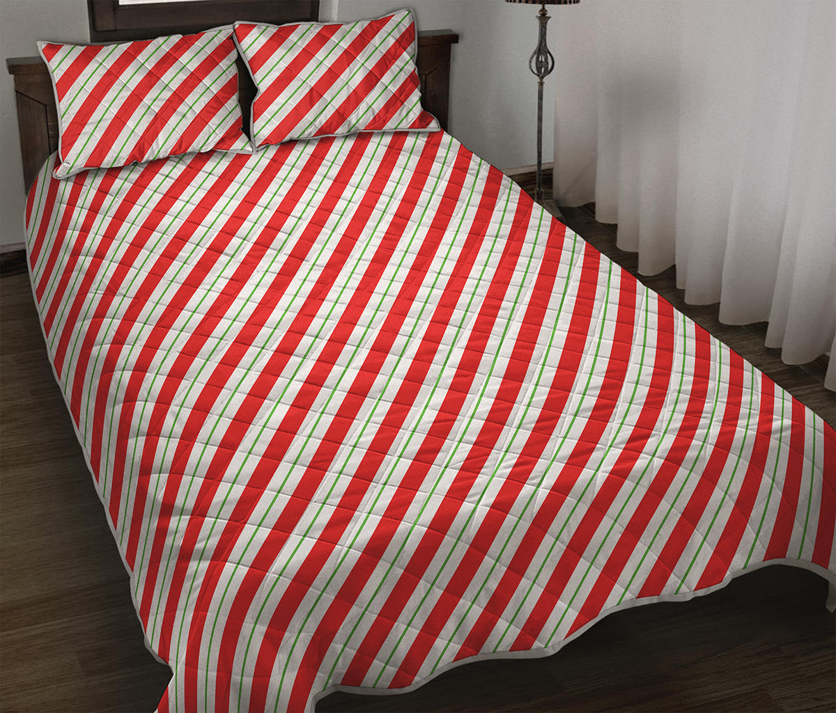 Christmas Candy Cane Stripe Print Quilt Bed Set