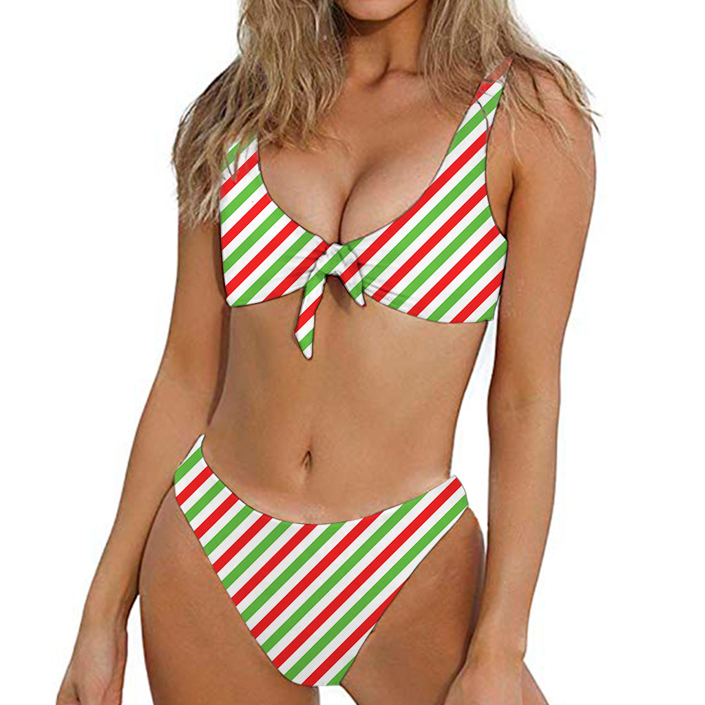 Christmas Candy Cane Striped Print Front Bow Tie Bikini