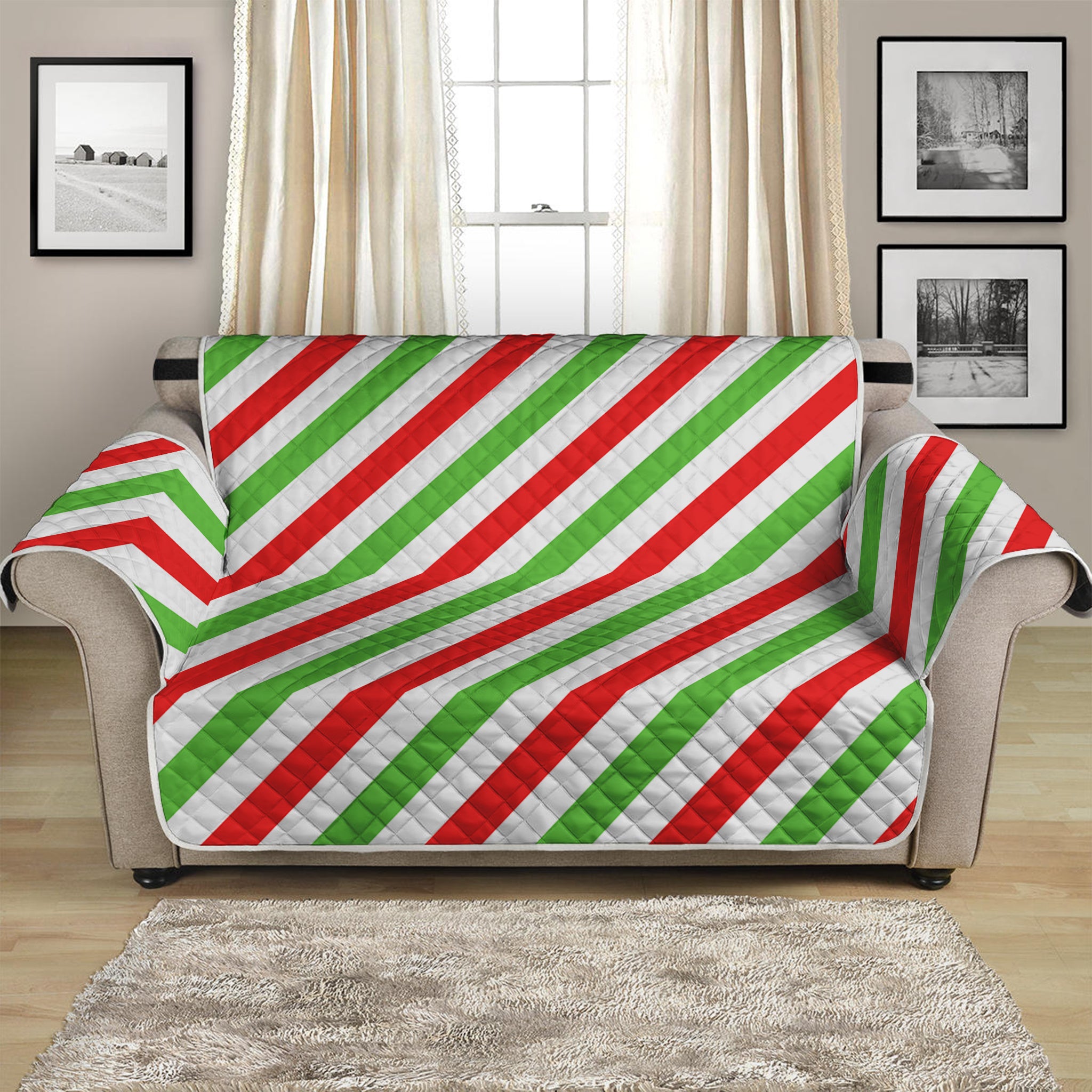 Christmas Candy Cane Striped Print Loveseat Protector