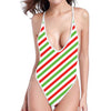 Christmas Candy Cane Striped Print One Piece High Cut Swimsuit