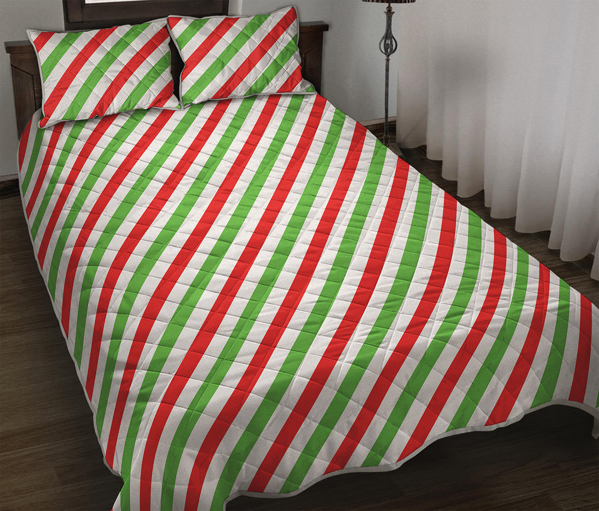 Christmas Candy Cane Striped Print Quilt Bed Set