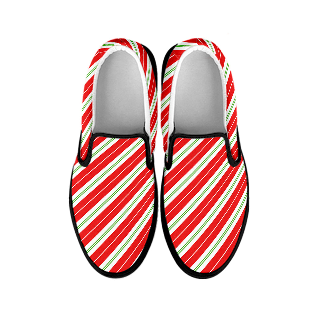 Christmas Candy Cane Stripes Print Black Slip On Shoes