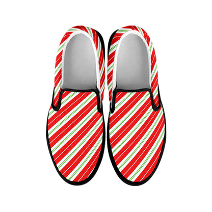 Christmas Candy Cane Stripes Print Black Slip On Shoes