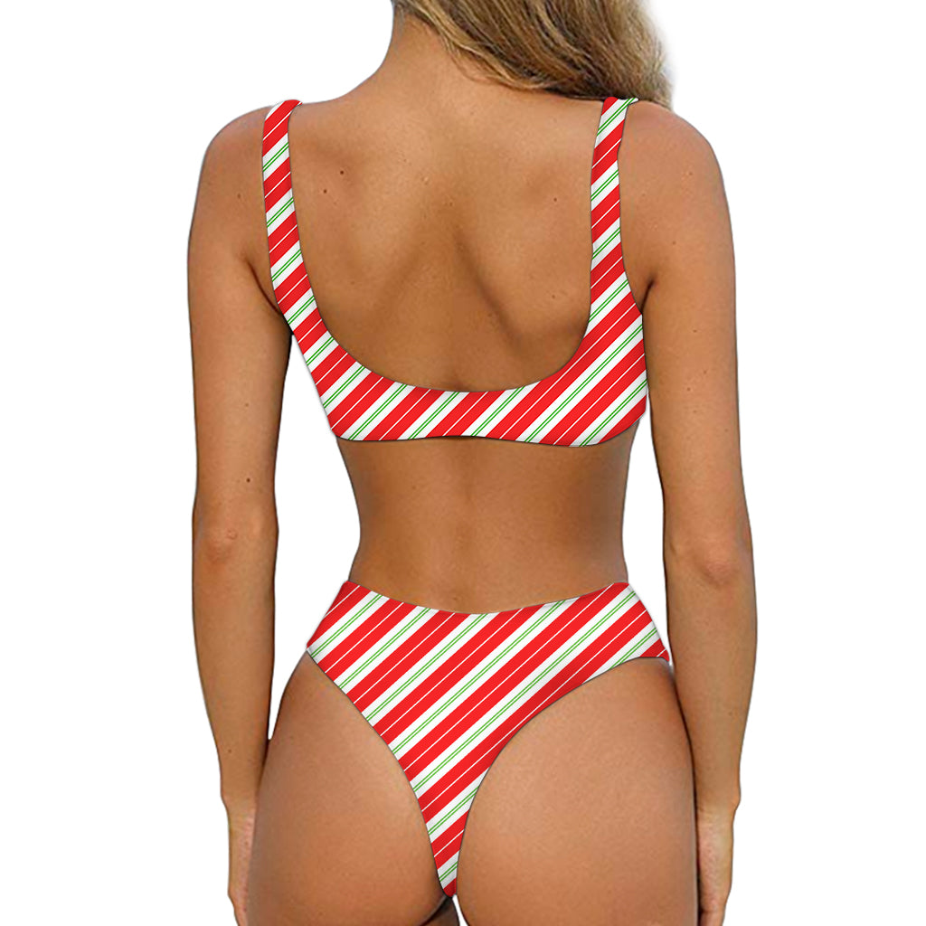 Christmas Candy Cane Stripes Print Front Bow Tie Bikini