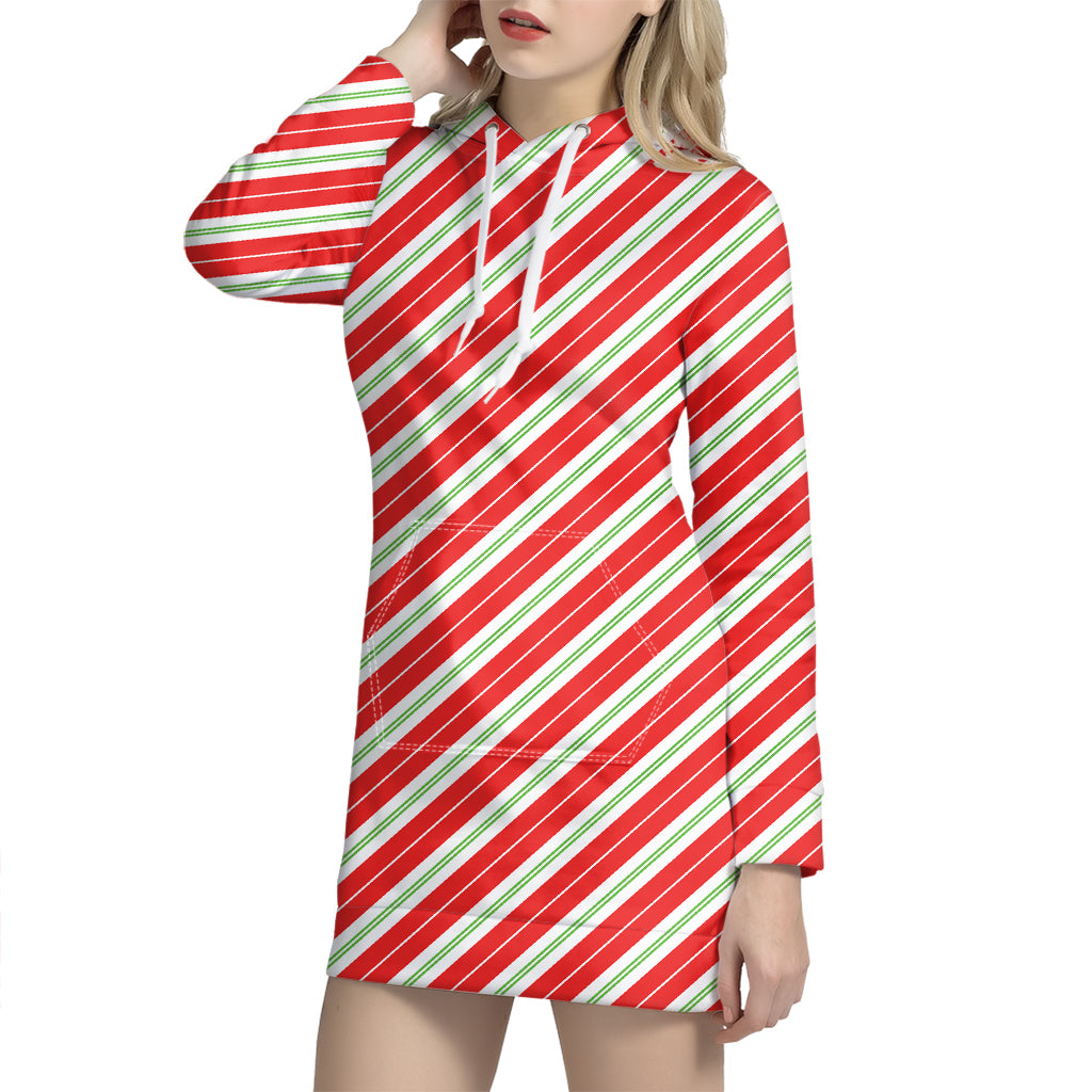 Christmas Candy Cane Stripes Print Hoodie Dress