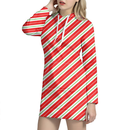 Christmas Candy Cane Stripes Print Hoodie Dress