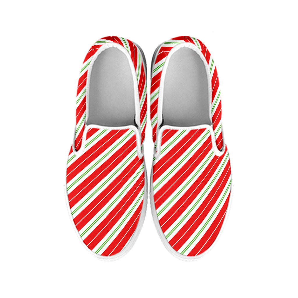 Christmas Candy Cane Stripes Print White Slip On Shoes