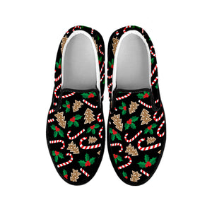 Christmas Cookie And Candy Pattern Print Black Slip On Shoes