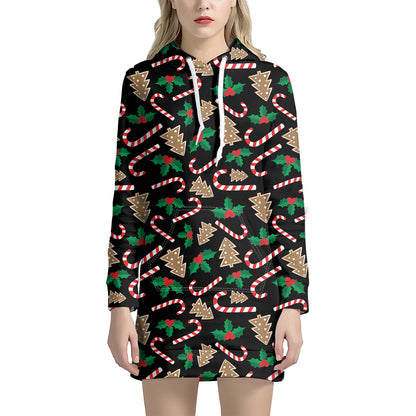 Christmas Cookie And Candy Pattern Print Hoodie Dress