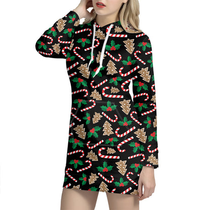 Christmas Cookie And Candy Pattern Print Hoodie Dress