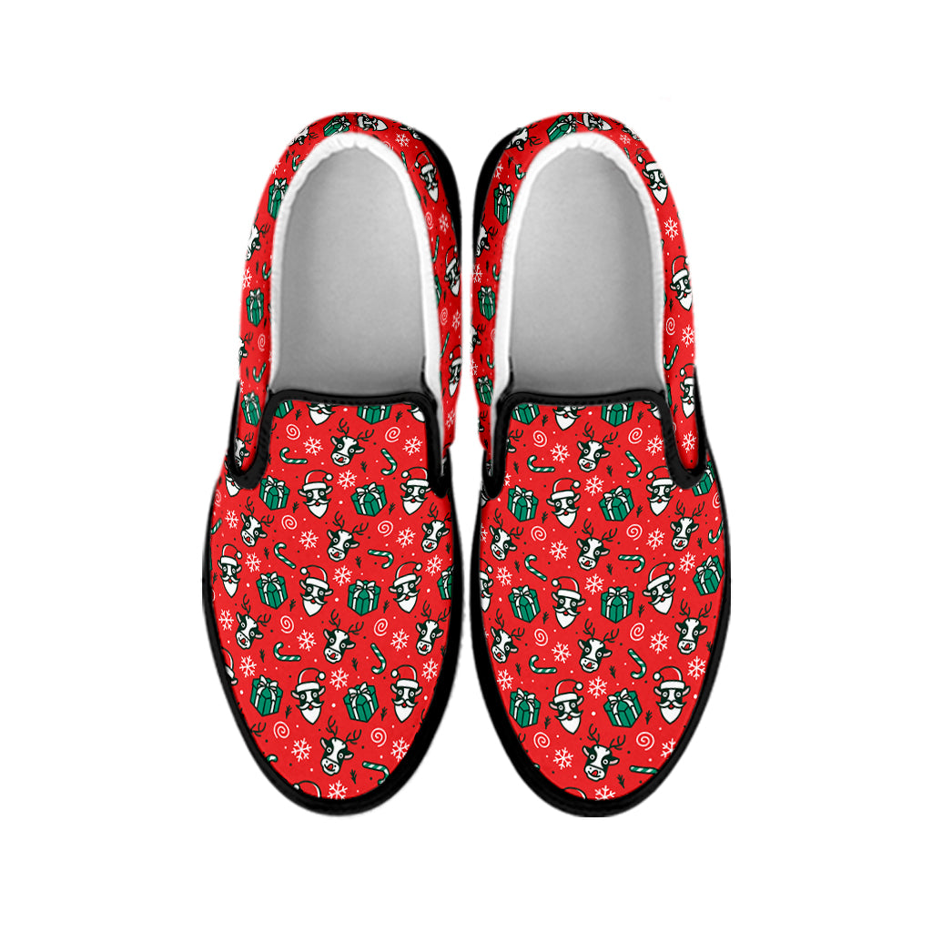 Christmas Cow Pattern Print Black Slip On Shoes