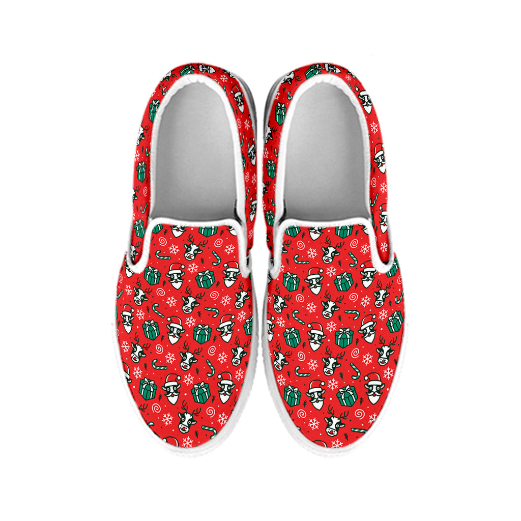 Christmas Cow Pattern Print White Slip On Shoes