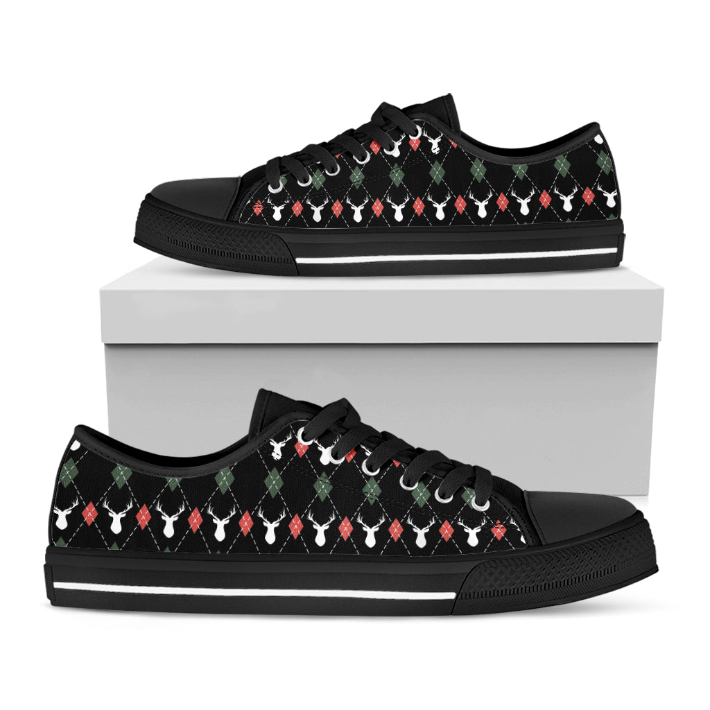 Christmas Deer Argyle Pattern Print Black Low Top Shoes