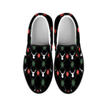 Christmas Deer Argyle Pattern Print Black Slip On Shoes