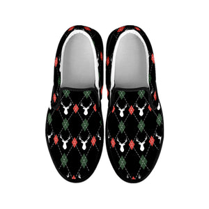 Christmas Deer Argyle Pattern Print Black Slip On Shoes