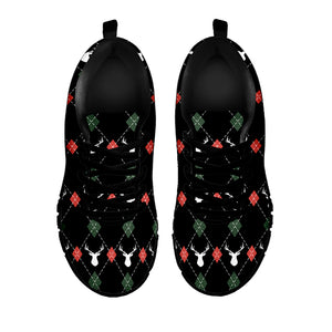 Christmas Deer Argyle Pattern Print Black Sneakers