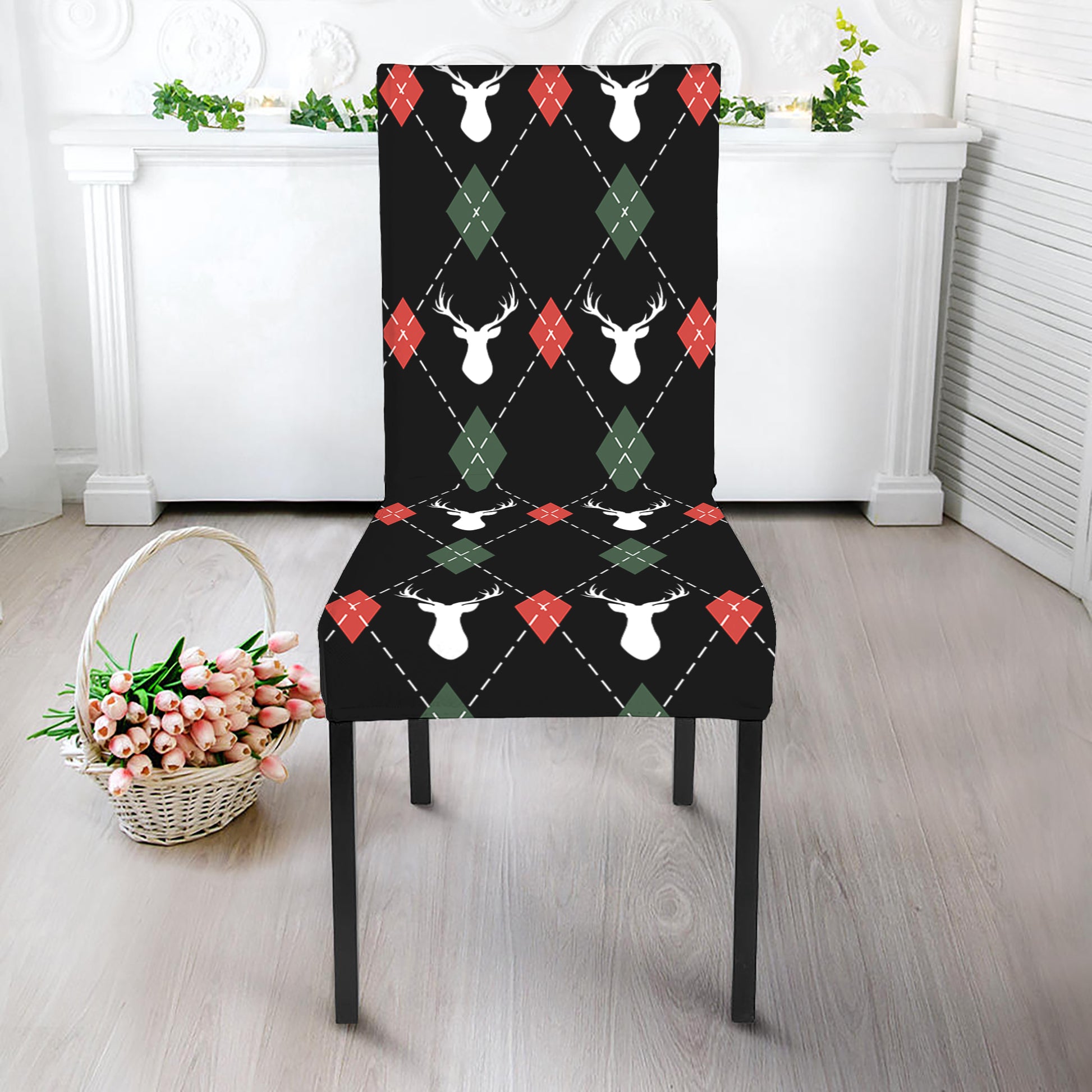 Christmas Deer Argyle Pattern Print Dining Chair Slipcover