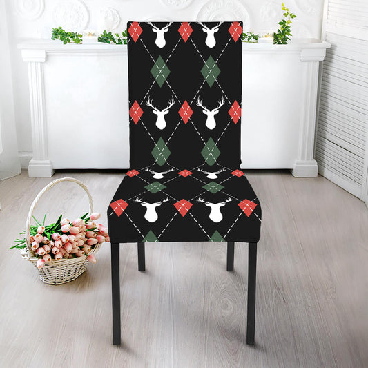 Christmas Deer Argyle Pattern Print Dining Chair Slipcover