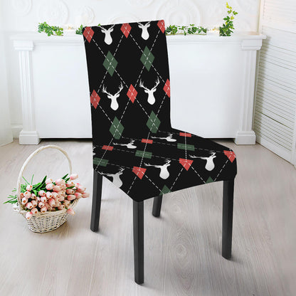Christmas Deer Argyle Pattern Print Dining Chair Slipcover