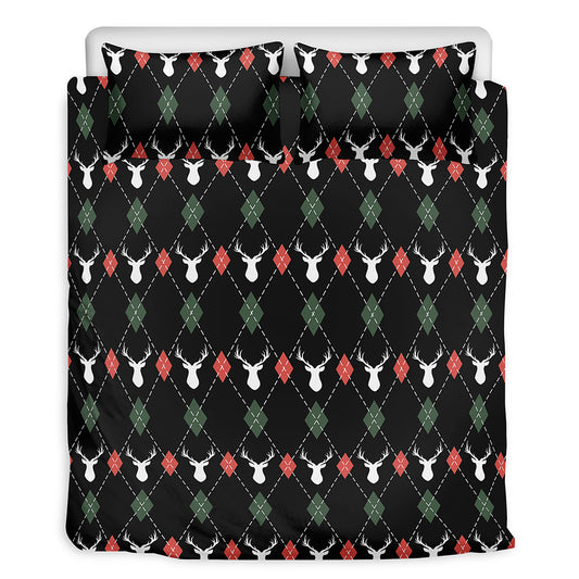 Christmas Deer Argyle Pattern Print Duvet Cover Bedding Set