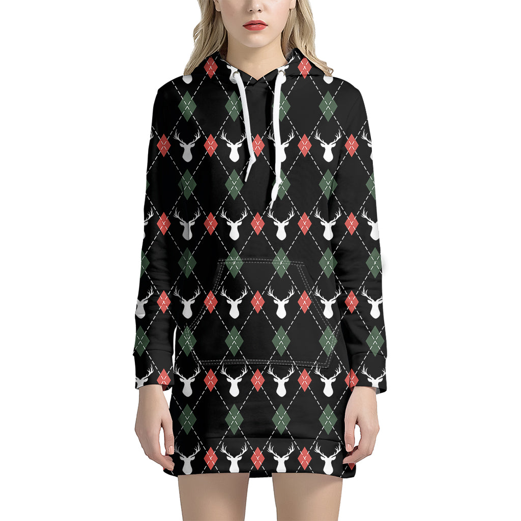 Christmas Deer Argyle Pattern Print Hoodie Dress