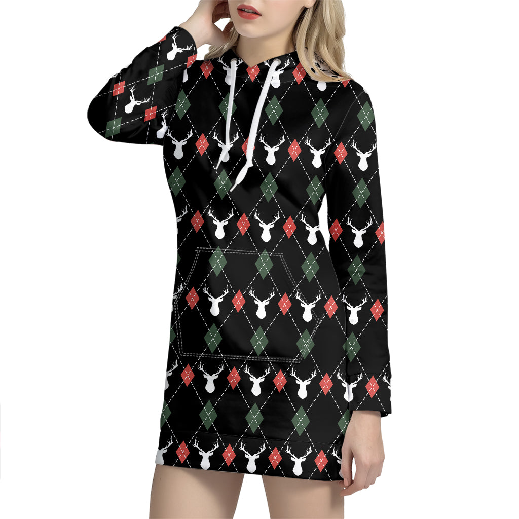 Christmas Deer Argyle Pattern Print Hoodie Dress