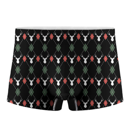 Christmas Deer Argyle Pattern Print Men's Boxer Briefs