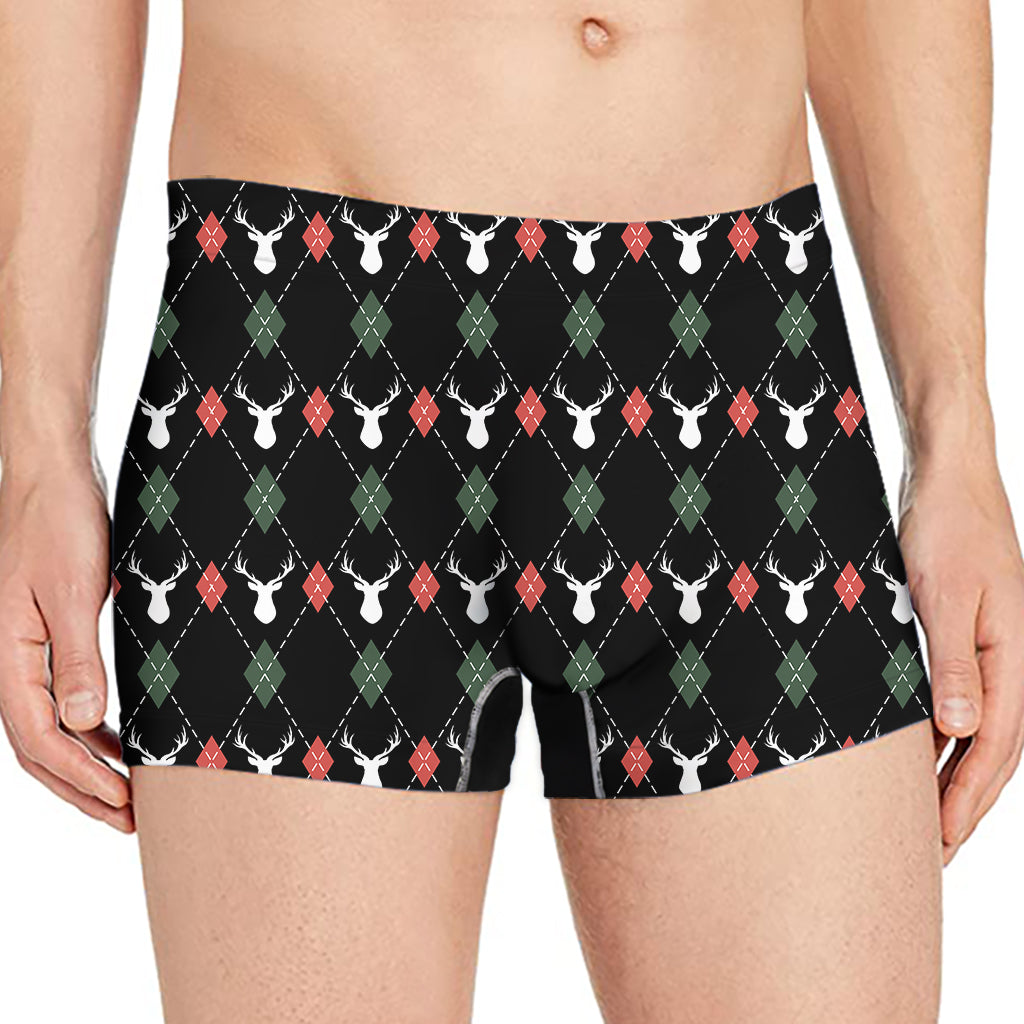 Christmas Deer Argyle Pattern Print Men's Boxer Briefs