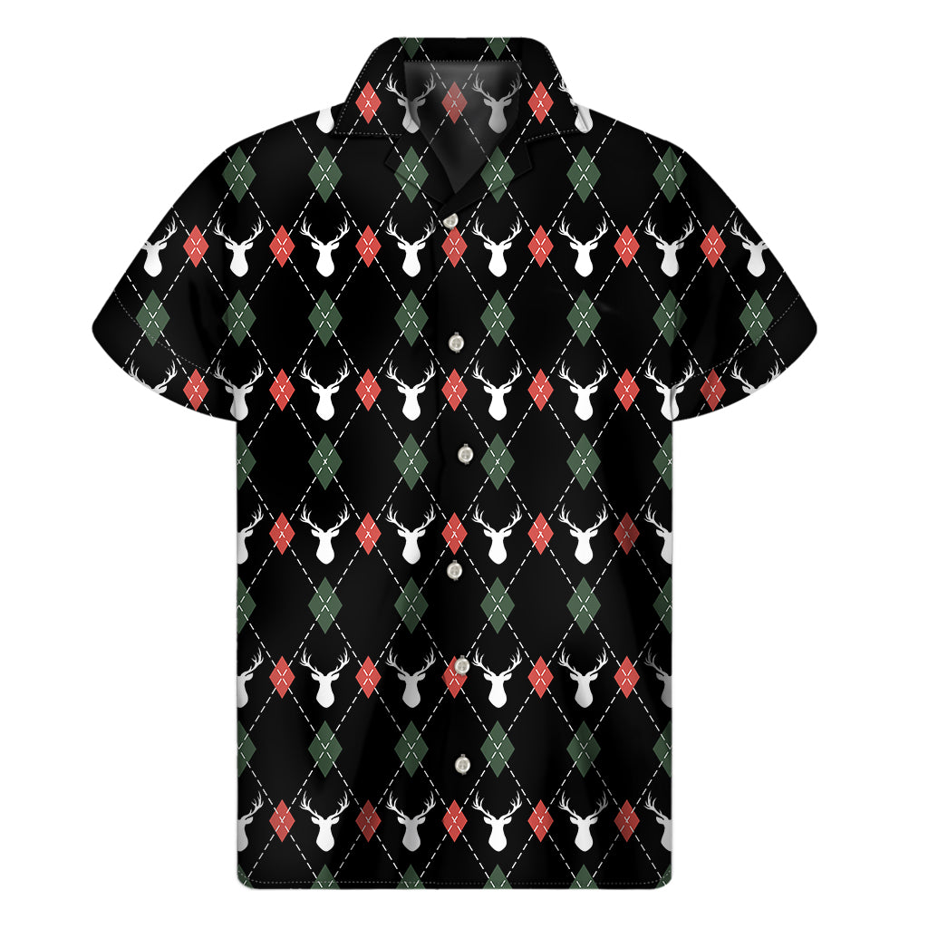 Christmas Deer Argyle Pattern Print Men's Short Sleeve Shirt