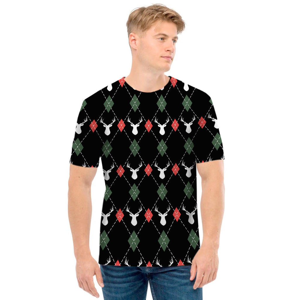 Christmas Deer Argyle Pattern Print Men's T-Shirt