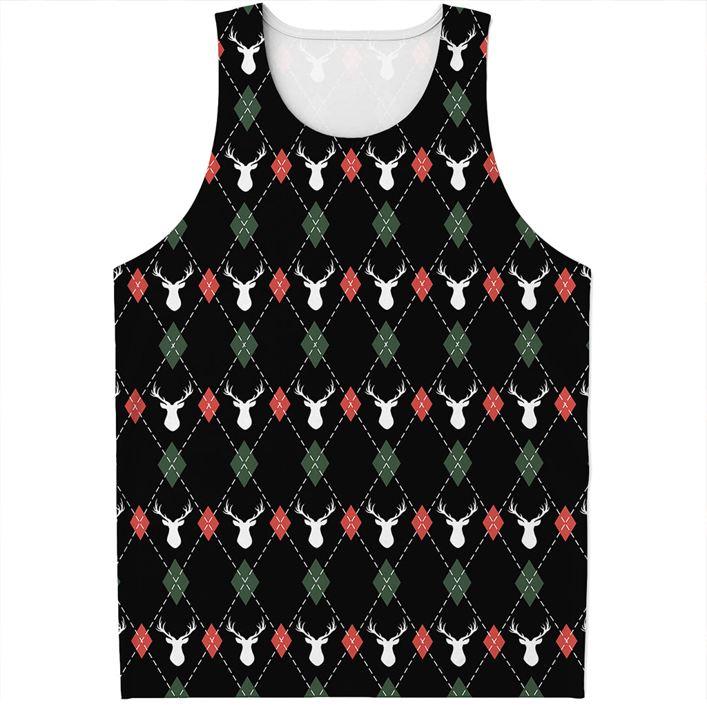 Christmas Deer Argyle Pattern Print Men's Tank Top
