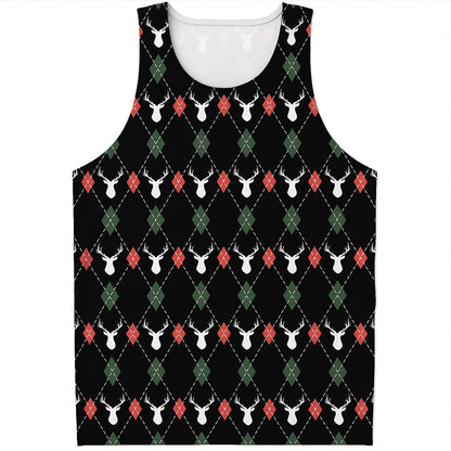 Christmas Deer Argyle Pattern Print Men's Tank Top