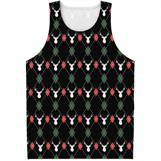 Christmas Deer Argyle Pattern Print Men's Tank Top